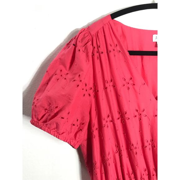 J. Crew Midi Dress Women's 8 Pink V Neck Puff Sleeve Eyelet Tiered Feminine - Picture 3 of 13